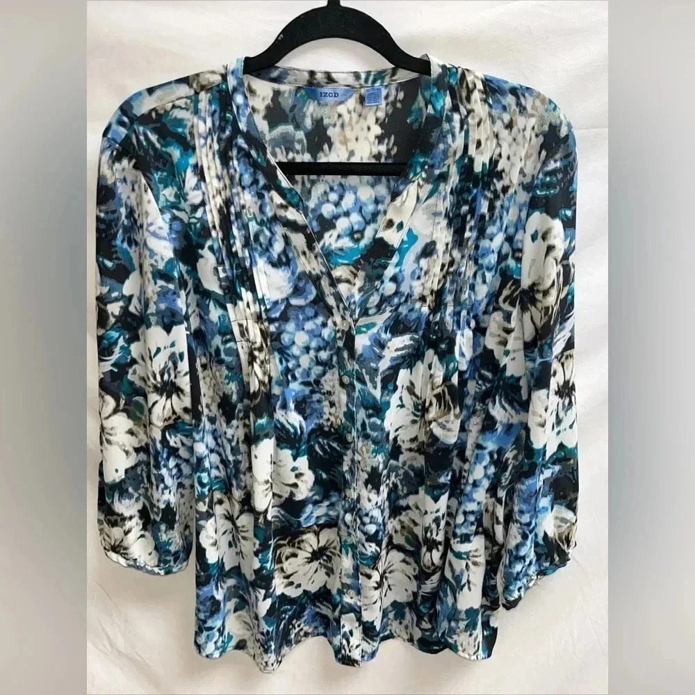IZOD Blue Floral Blouse Women’s XL Flowy Boho 3/4 Sleeve Top - Picture 2 of 6
